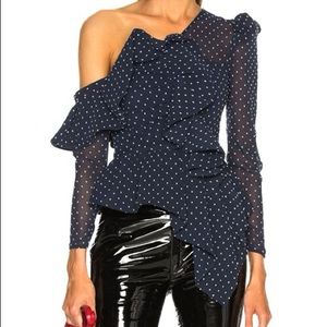 Self Portrait Navy Plumetis Frill One Shoulder Blouse